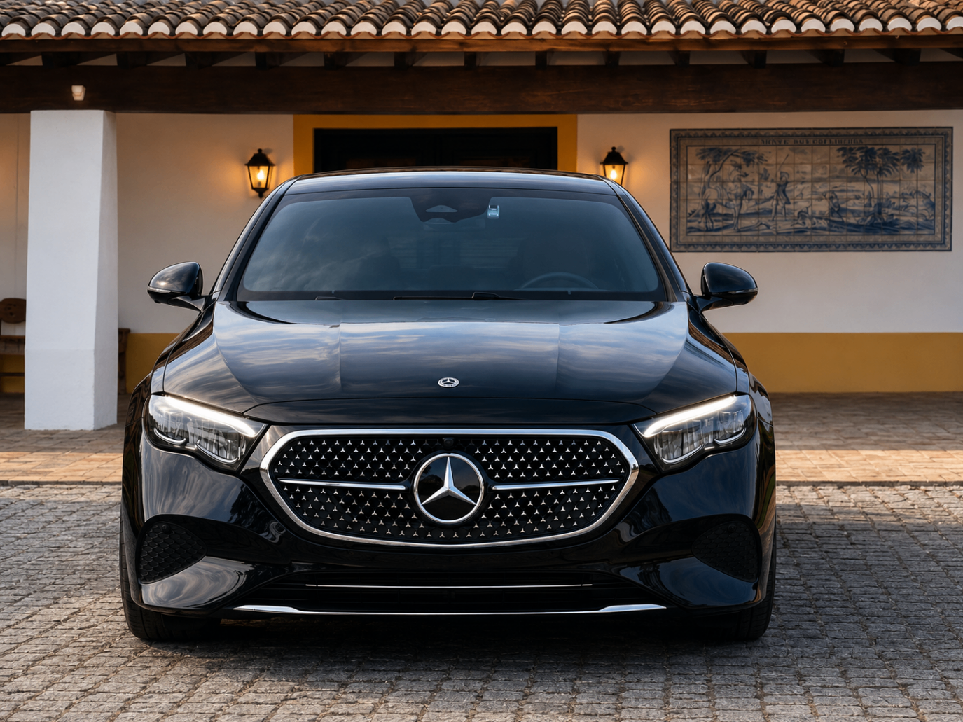 Mercedes Classe E preto fotografado de frente em entrada de propriedade