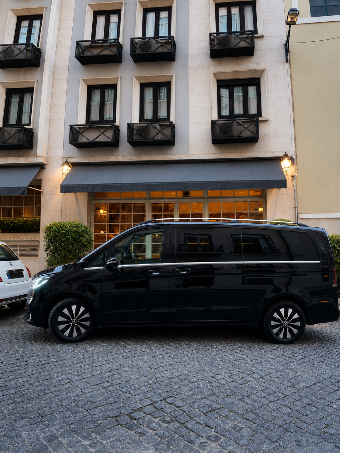Mercedes Classe V vista lateral em frente a hotel boutique em Lisboa