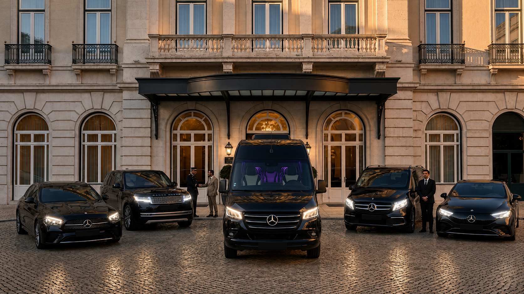 Frota completa Mercedes e Range Rover em frente a palácio em Lisboa