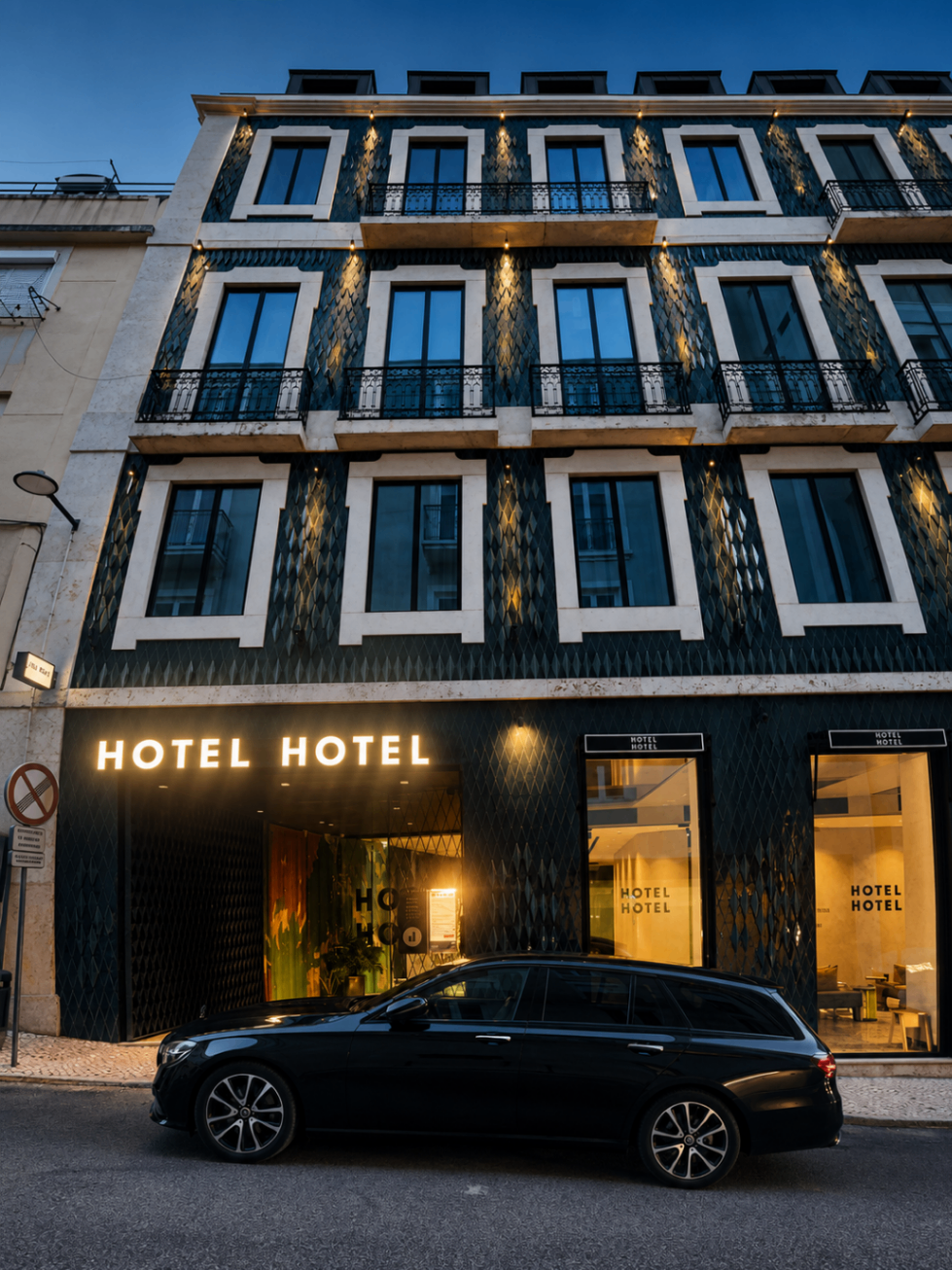 Mercedes Classe E em fachada iluminada de hotel boutique em Lisboa