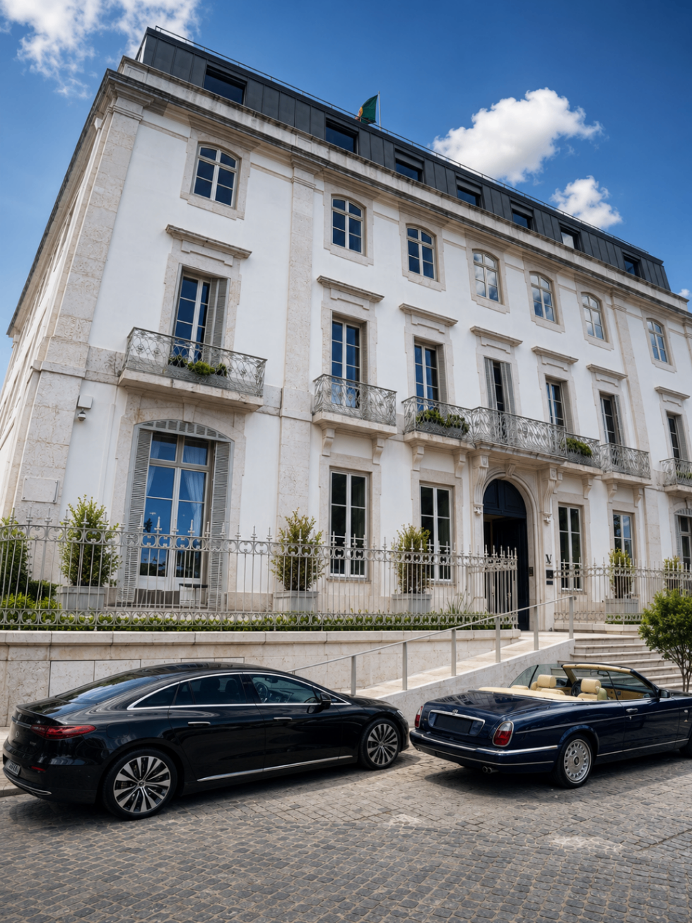 Sedan de luxo e Bentley conversível em frente a palácio em Lisboa