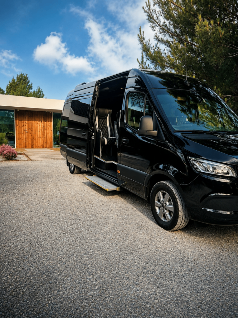 Van Mercedes Sprinter VIP com porta aberta mostrando interior premium