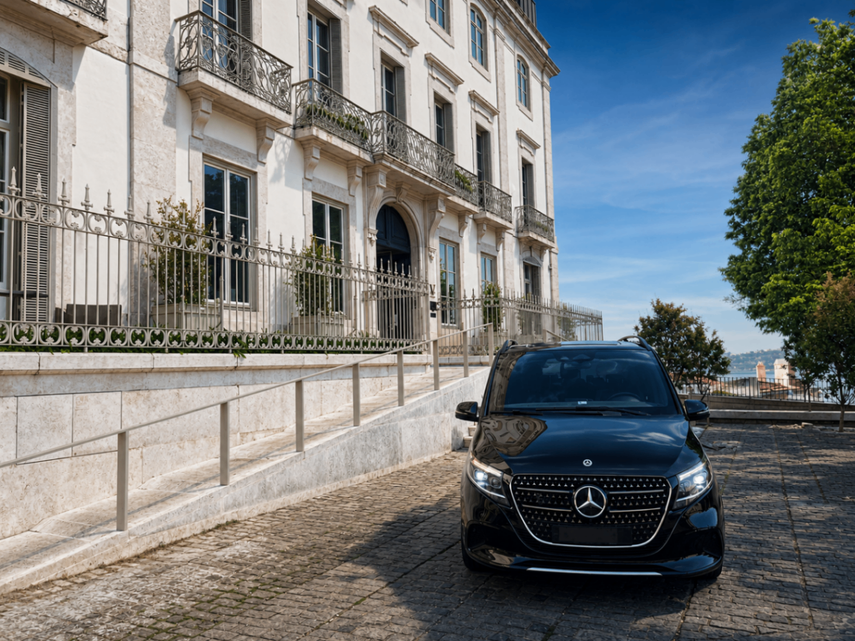 Mercedes Classe V em frente a edifício palaciano branco em Lisboa